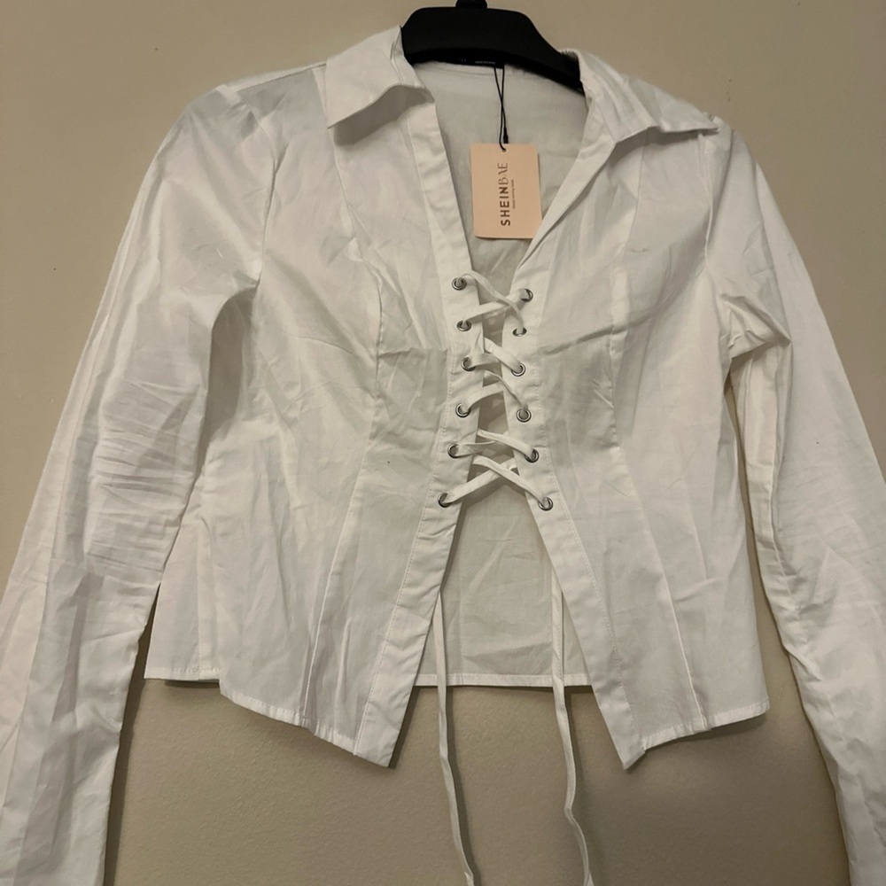 🌸 Shein White Corset Lace Up Blouse L Chic Spring Aesthetic Top NWT - Picture 4 of 5